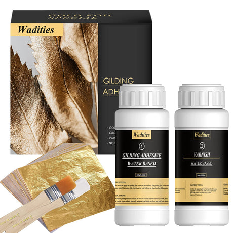 Wadities Gold Leaf Gilding Adhesive Set, 100ml Water Based Glue and 100ml Varnish, Gold Leaf Sheets 100 pcs, 2 Brushes, for Craft, Painting and Arts Wadities