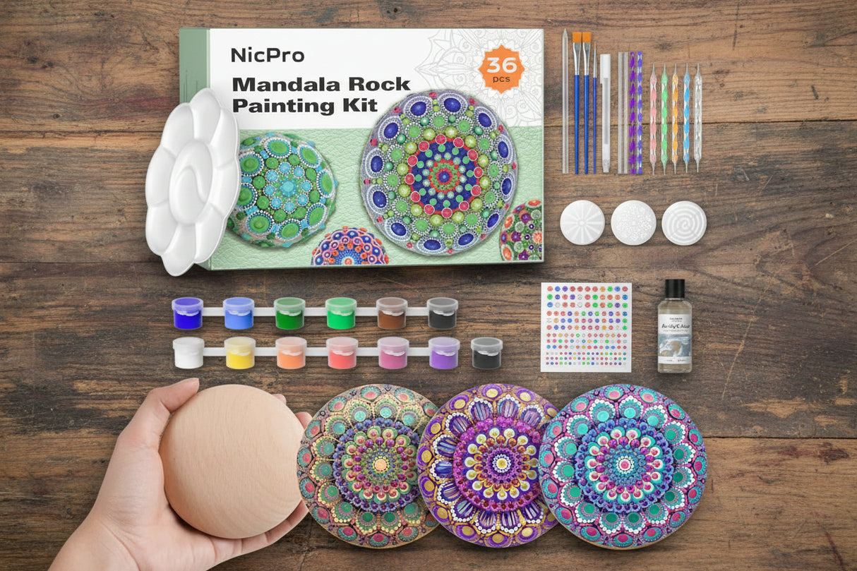 Mandala Rock Painting Kit – Dot Art Tools, Stencils & Large Wooden Rocks for Adults WoodArtSupply