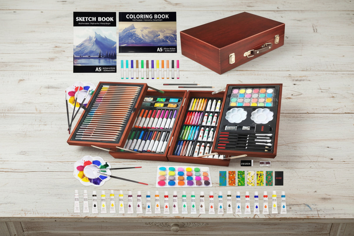 139‑Piece Art Supplies Kit – Sketch Pads, Colored Pencils, Oil Pastels & Watercolors (Brown) WoodArtSupply