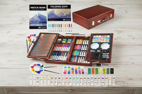 139‑Piece Art Supplies Kit – Sketch Pads, Colored Pencils, Oil Pastels & Watercolors (Brown) WoodArtSupply