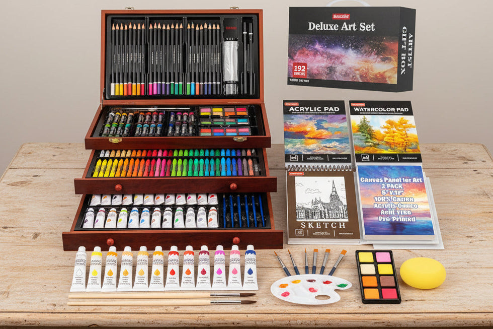 Art Supplies for Adults, Teens & Kids – 192‑Piece Drawing & Painting Kit with Pads, Canvases, Paints & Pencils WoodArtSupply