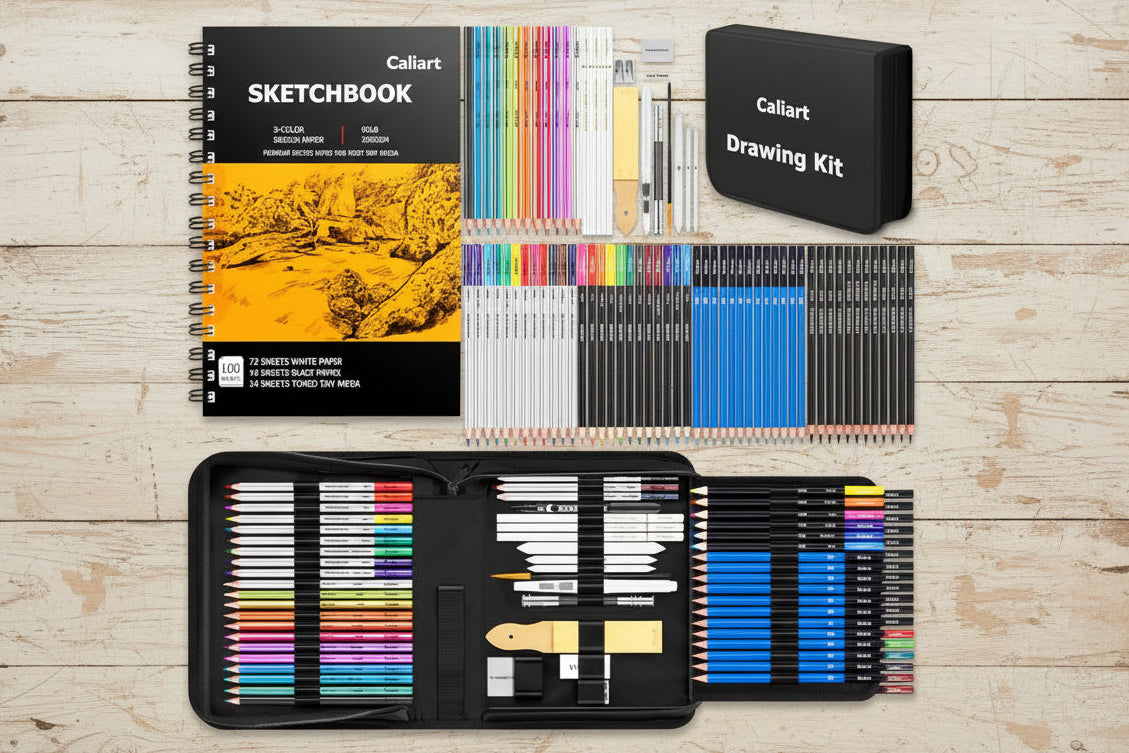 176‑Piece Art Supplies Sketching Kit with 3‑Color Sketchbook, Graphite, Charcoal, Watercolor & Metallic Pencils WoodArtSupply