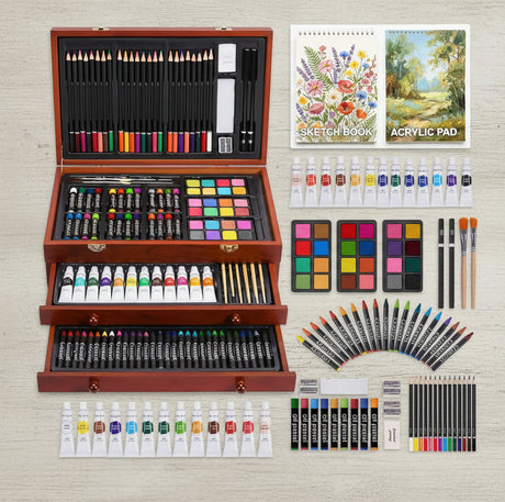 Art Supplies for Adults, Teens & Kids – 175‑Piece Drawing & Painting Kit with Pads, Paints, Crayons & Wooden Case WoodArtSupply