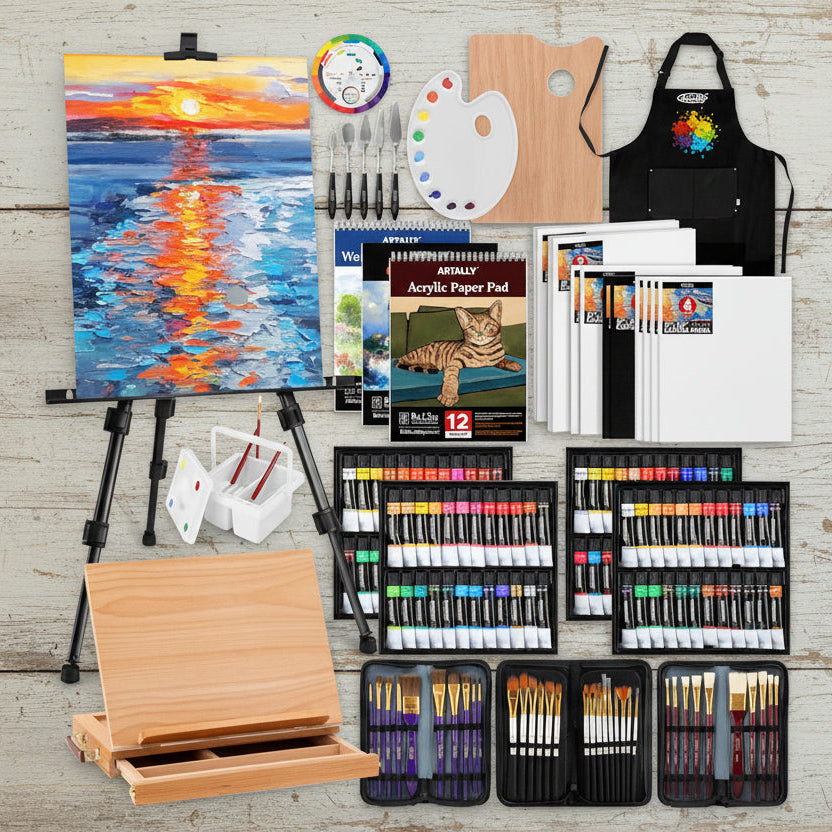 Deluxe 187‑Piece Art Painting Kit – Aluminum & Beech Wood Easel with Complete Acrylic, Watercolor & Oil Paint Set WoodArtSupply