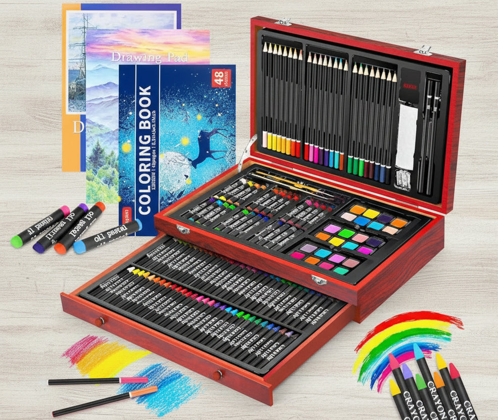 Deluxe 150‑Piece Wooden Art Kit – Mixed‑Media Drawing & Painting Set with Sketch Pads and Gift Box WoodArtSupply