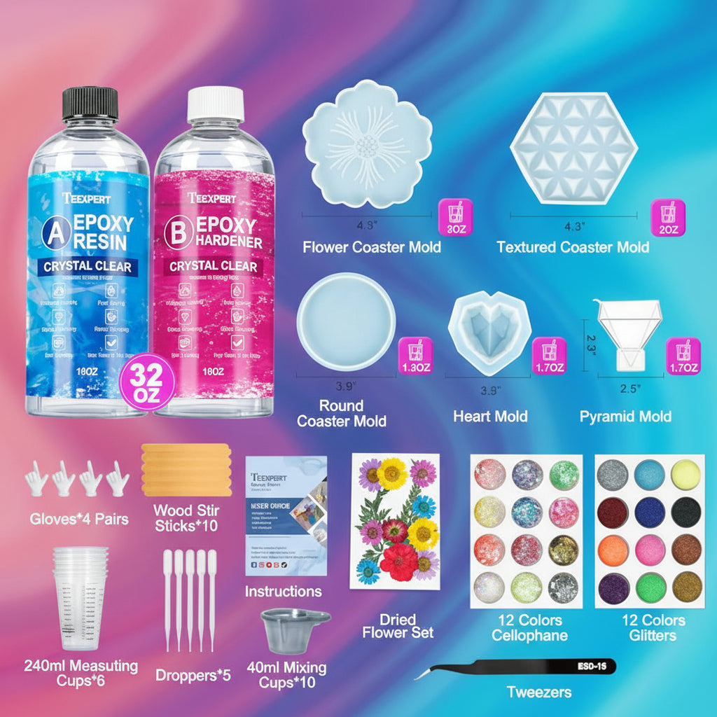 Epoxy Resin Kit for Beginners, 32oz Resin Set with Molds, Colors, Flowers & Art Supplies WoodArtSupply