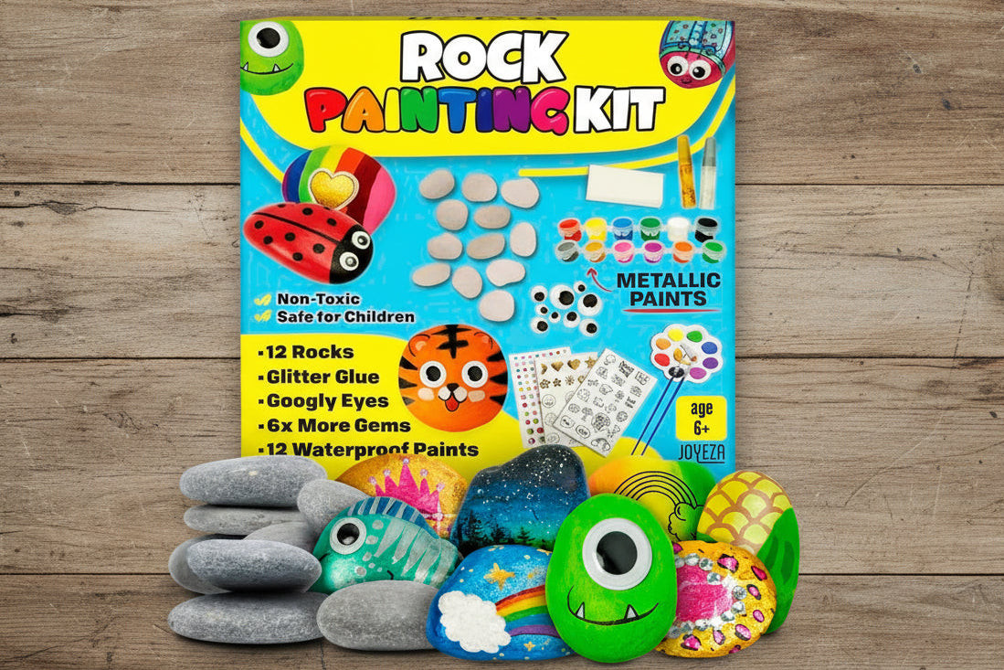 Rock Painting Kit Deluxe for Kids – 12 Rocks, Waterproof Paints & Craft Supplies, Creative Art Set for Ages 6–10 WoodArtSupply
