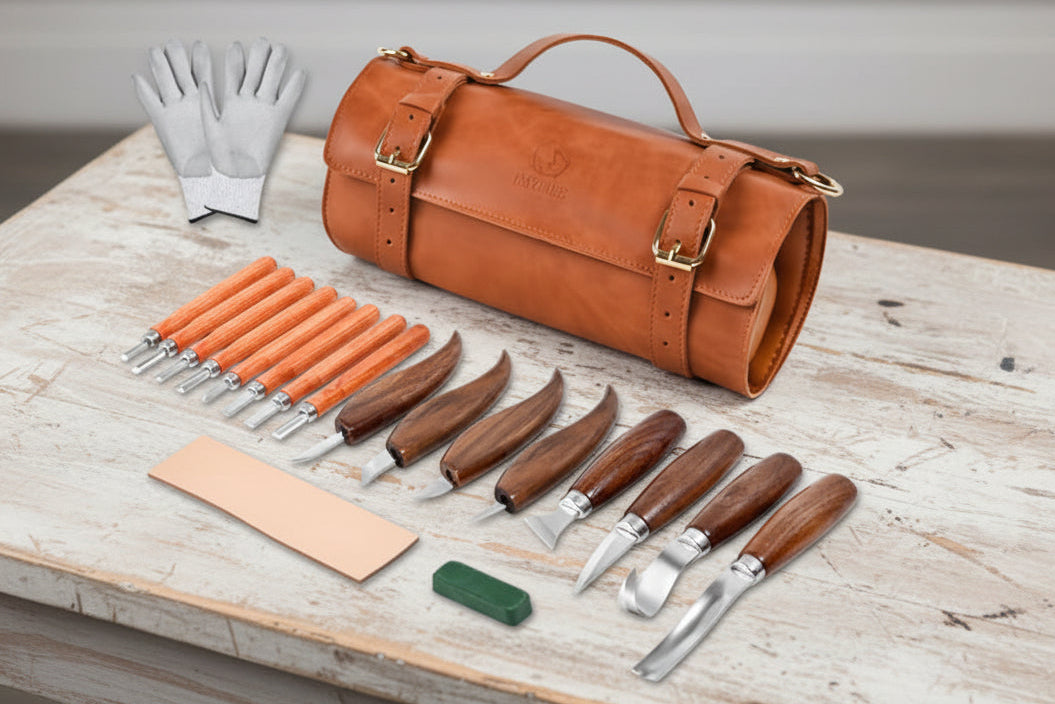 21‑Piece Deluxe Wood Carving Kit – Whittling Knives, Detail Carving Tools & Leather Storage Bag for Beginners WoodArtSupply