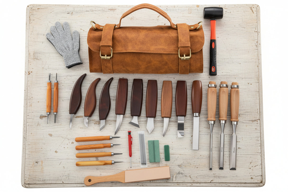 25‑Piece Deluxe Wood Carving Kit with Thick Leather Storage Bag – Whittling Tools for Beginners and Hobbyists WoodArtSupply