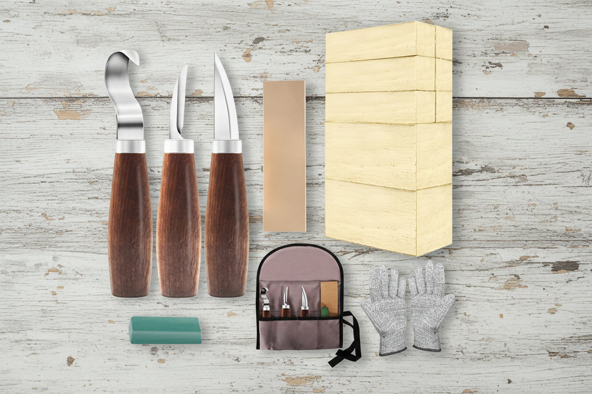 Wood Whittling Kit for Beginners – 3 Knives, 8 Basswood Blocks & Gloves – Gift for Any Occasion WoodArtSupply