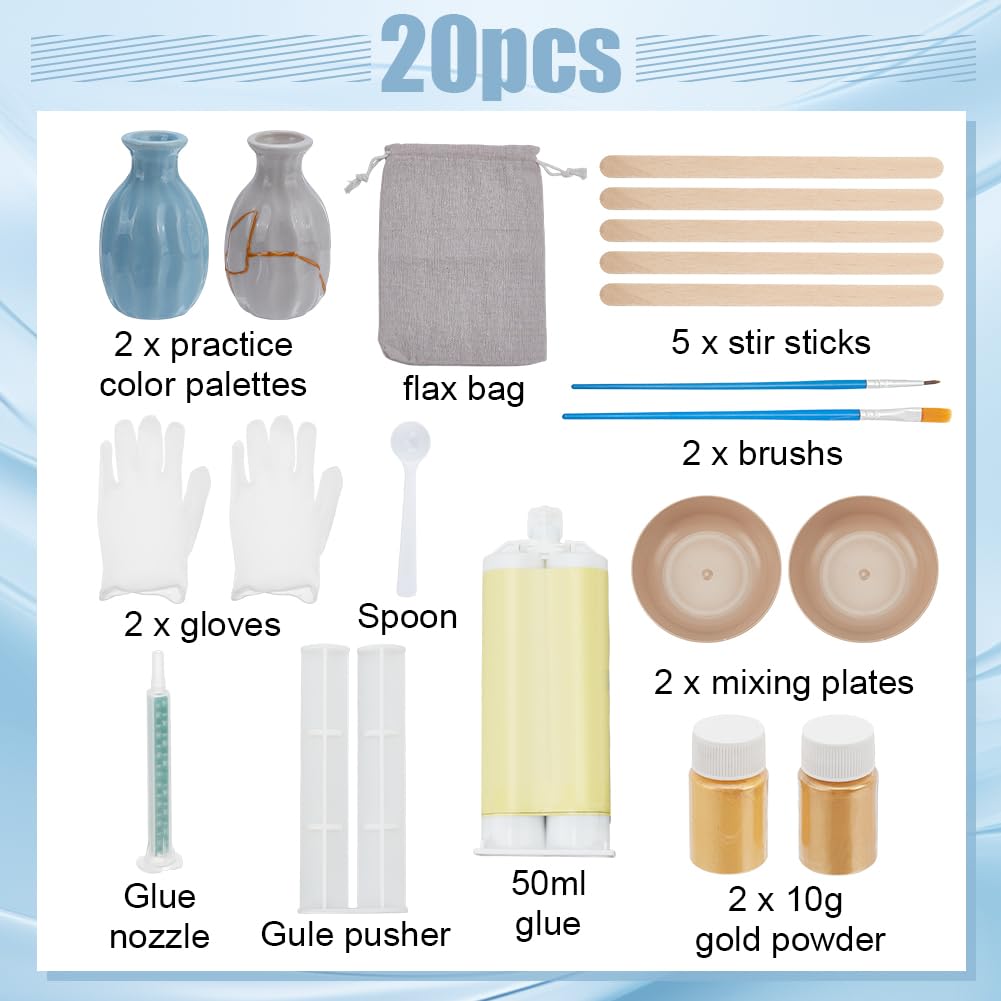 WEBEEDY Kintsugi Repair Kit Gold 17 Pcs Japanese Ceramic Repair Kit Restore Broken Ceramics with Gold Dust for DIY Kintsugi Repair Starter,Japanese Art Gift for Broken Ceramics Glass Jade Sculptures WEBEEDY