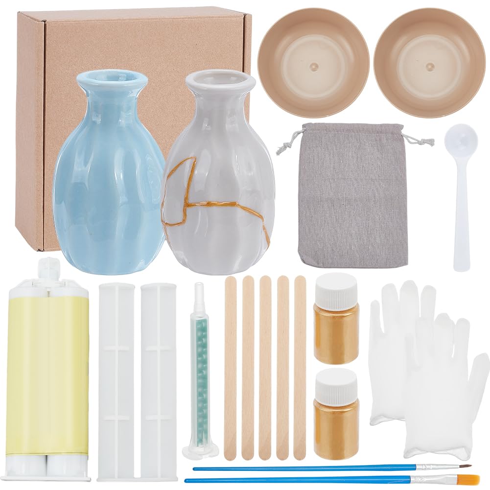 WEBEEDY Kintsugi Repair Kit Gold 17 Pcs Japanese Ceramic Repair Kit Restore Broken Ceramics with Gold Dust for DIY Kintsugi Repair Starter,Japanese Art Gift for Broken Ceramics Glass Jade Sculptures WEBEEDY