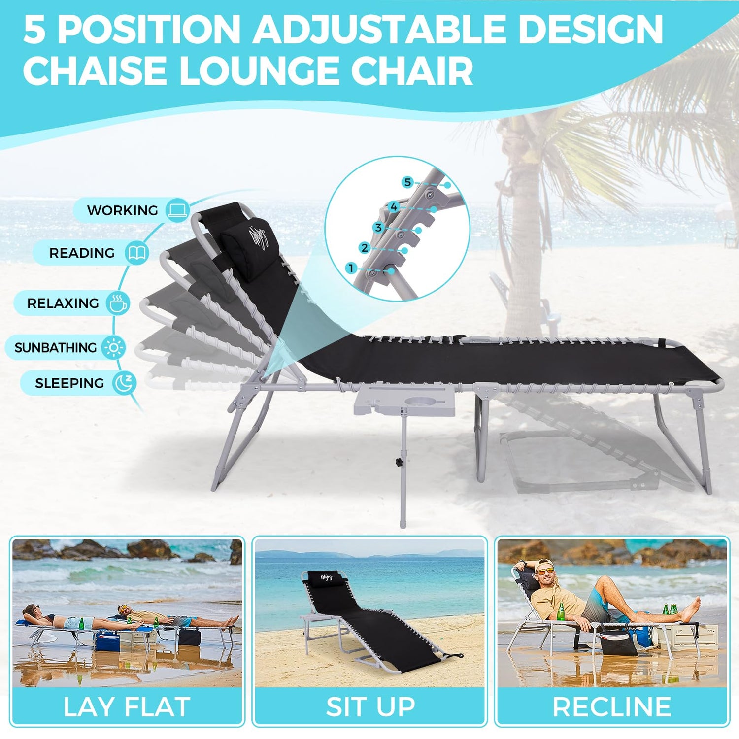 #WEJOY 2 Pack Outdoor Chaise Lounge Chair - Portable Folding Patio Pool Lounge Chair, 5 Positions Adjustable Reclining Camping Chair with Side Table,Shoulder Strap, Pillow for Beach Sunbathing Lawn #WEJOY