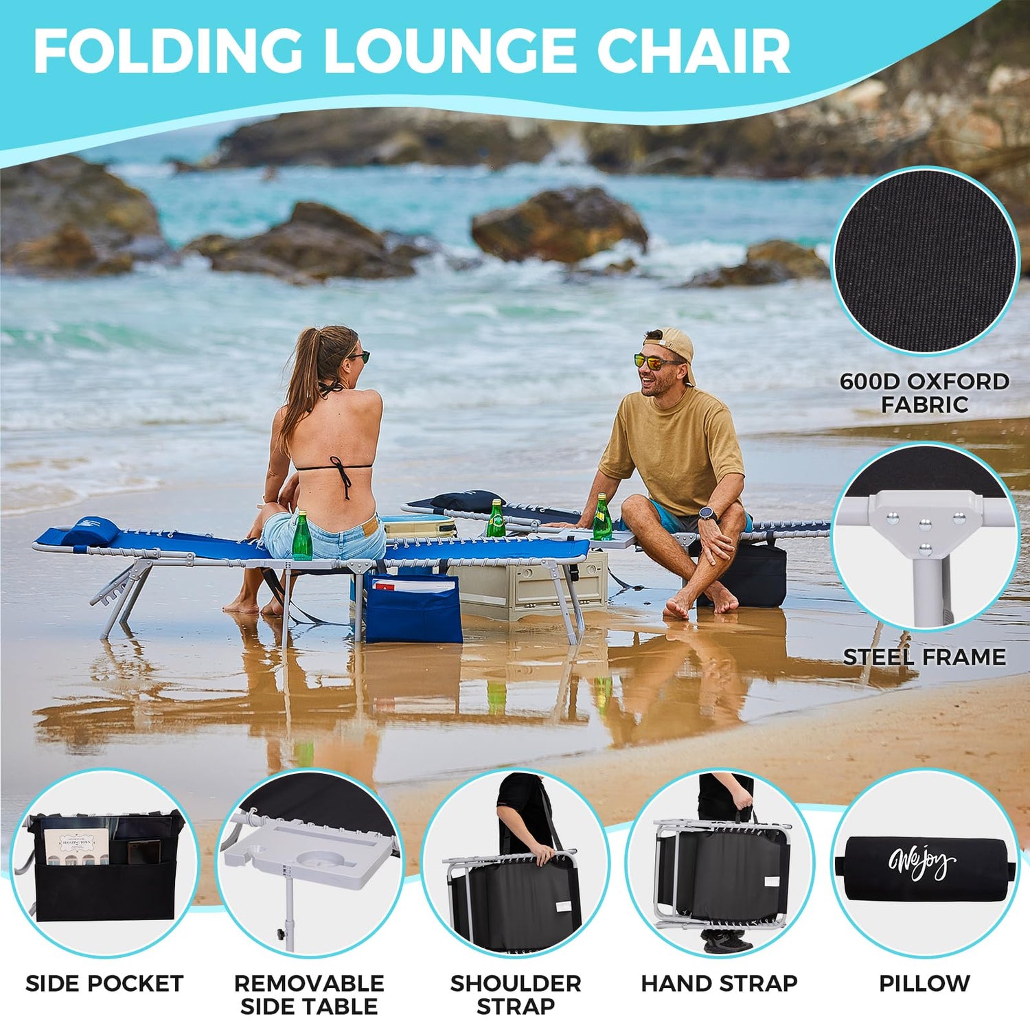 #WEJOY 2 Pack Outdoor Chaise Lounge Chair - Portable Folding Patio Pool Lounge Chair, 5 Positions Adjustable Reclining Camping Chair with Side Table,Shoulder Strap, Pillow for Beach Sunbathing Lawn #WEJOY
