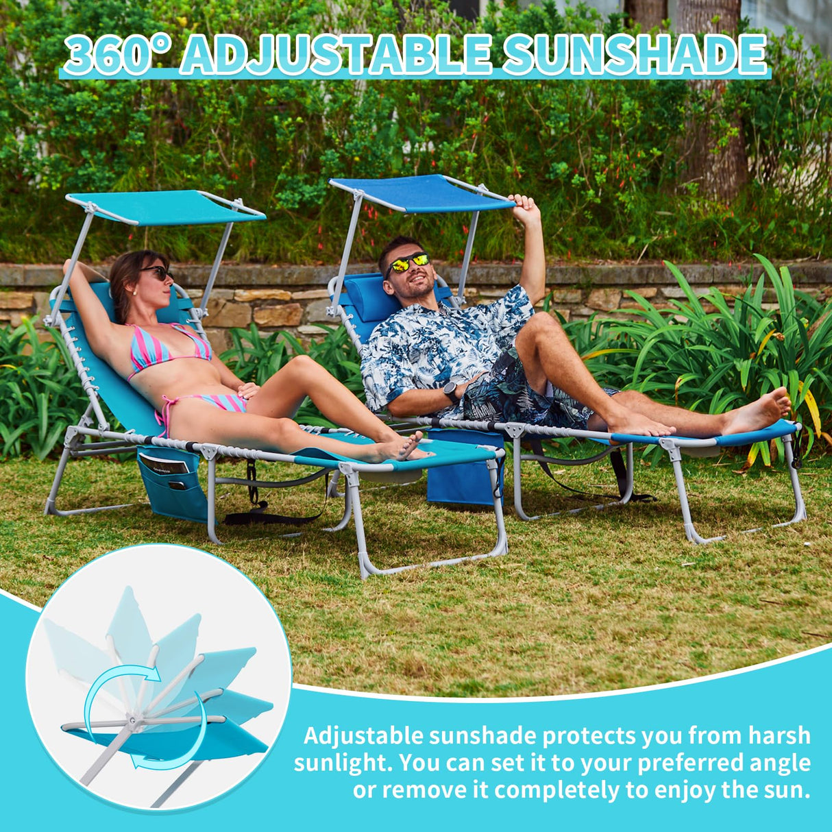 #WEJOY 3 in 1 Tanning Chair with Face Hole & Canopy, 300 lbs Heavy Duty 5 Positions Folding Face Down Lounge Chairs Outdoor with Pillow & Storage Bag Portable for Pool Beach Lawn Camping (Cyan) #WEJOY