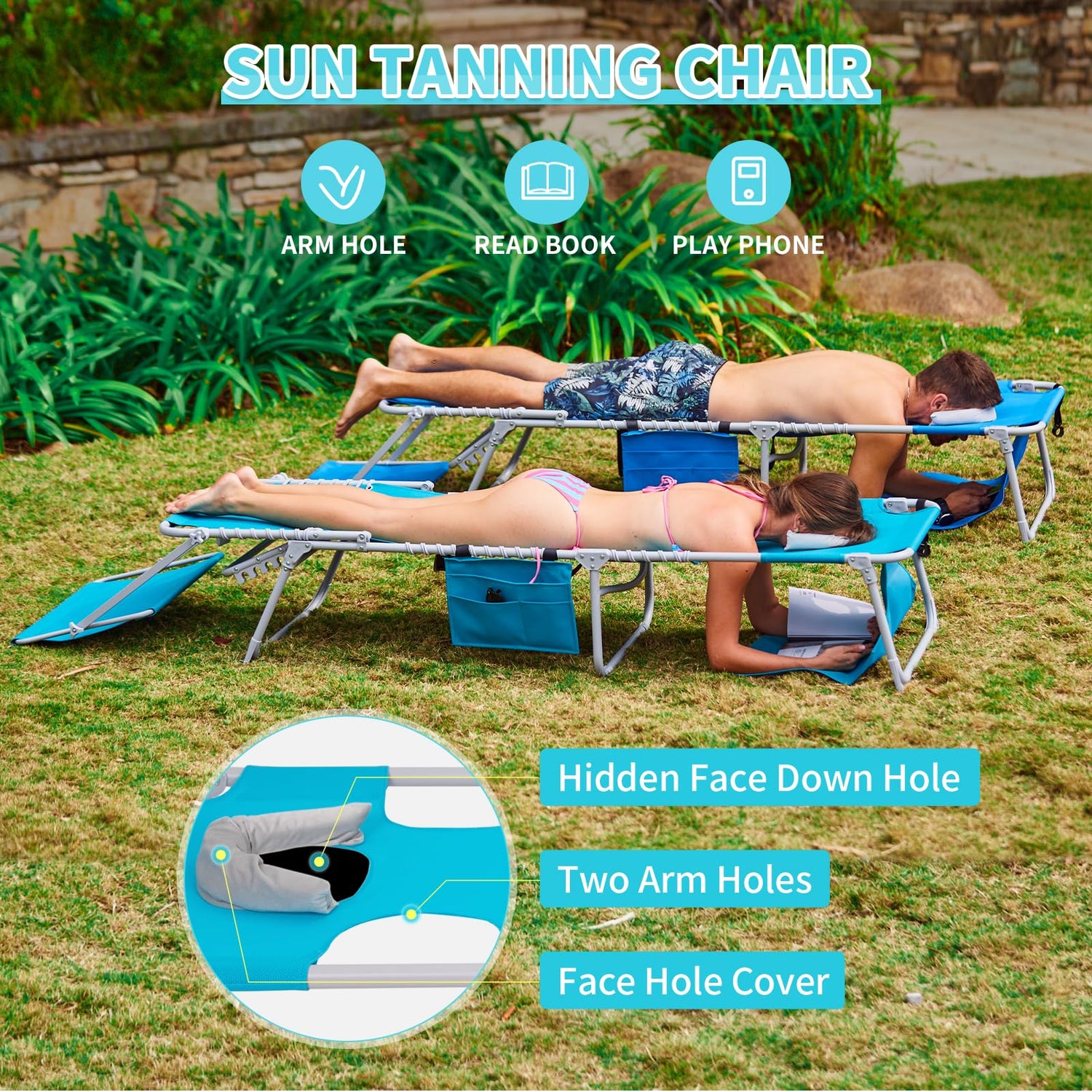 #WEJOY 3 in 1 Tanning Chair with Face Hole & Canopy, 300 lbs Heavy Duty 5 Positions Folding Face Down Lounge Chairs Outdoor with Pillow & Storage Bag Portable for Pool Beach Lawn Camping (Cyan) #WEJOY