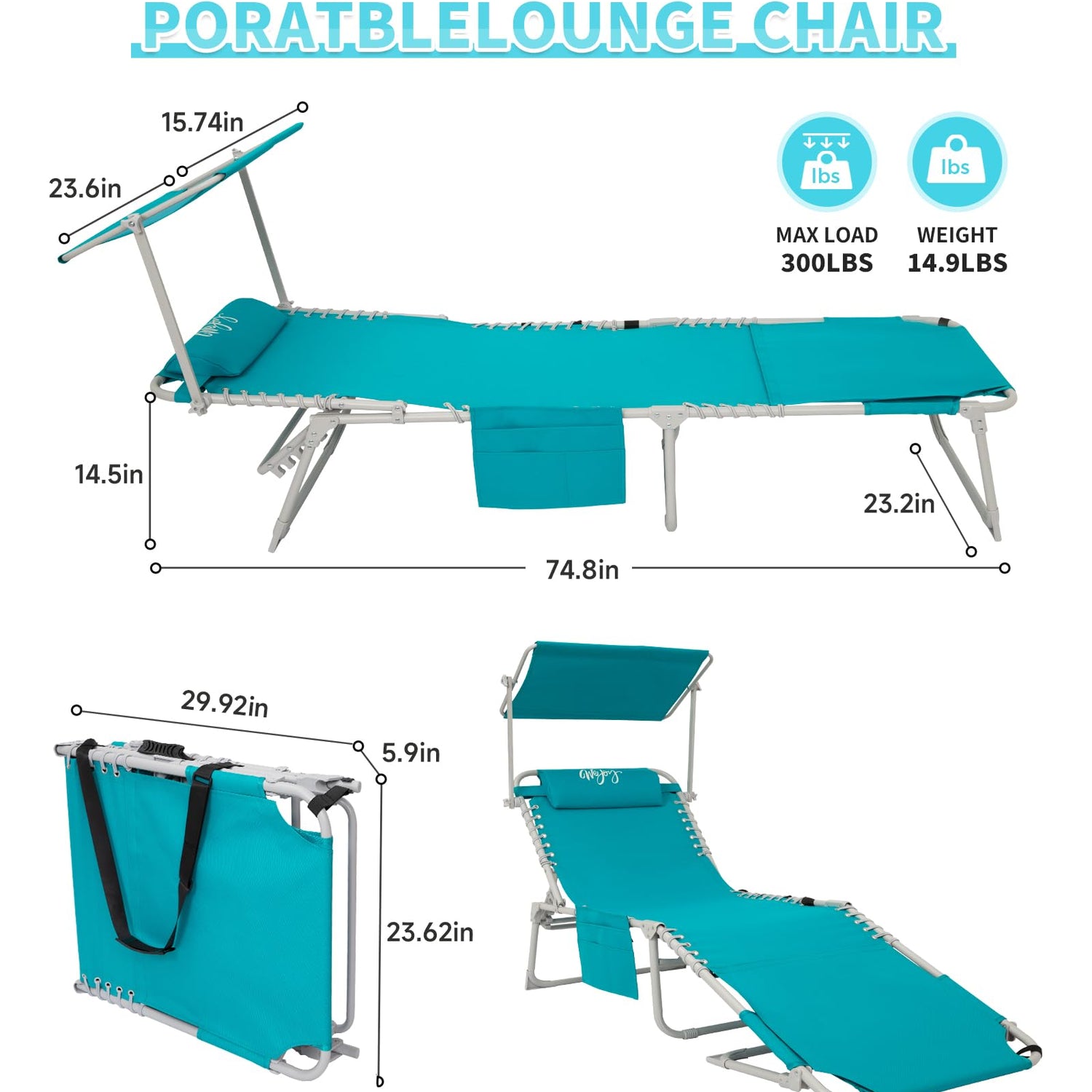 #WEJOY 3 in 1 Tanning Chair with Face Hole & Canopy, 300 lbs Heavy Duty 5 Positions Folding Face Down Lounge Chairs Outdoor with Pillow & Storage Bag Portable for Pool Beach Lawn Camping (Cyan) #WEJOY