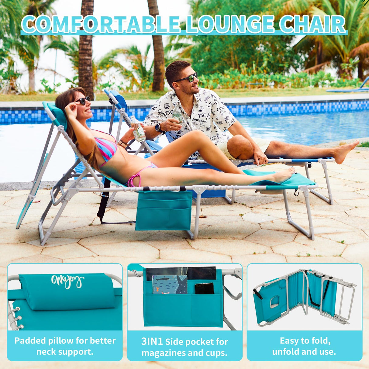 #WEJOY 3 in 1 Tanning Chair with Face Hole & Canopy, 300 lbs Heavy Duty 5 Positions Folding Face Down Lounge Chairs Outdoor with Pillow & Storage Bag Portable for Pool Beach Lawn Camping (Cyan) #WEJOY