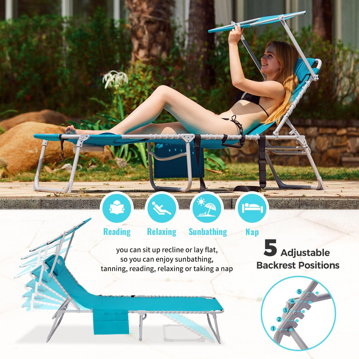 #WEJOY 3 in 1 Tanning Chair with Face Hole & Canopy, 300 lbs Heavy Duty 5 Positions Folding Face Down Lounge Chairs Outdoor with Pillow & Storage Bag Portable for Pool Beach Lawn Camping (Cyan) #WEJOY