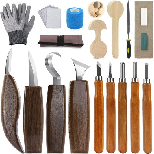Wood Carving Kit 22PCS Wood Carving Tools Hand Knife Set with Anti-Slip Cut-Resistant Gloves, Needle File Wood Spoon - WoodArtSupply