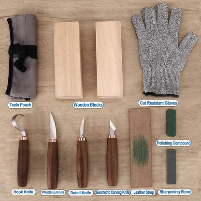 Wood Carving Tools Pack of 11 Wood Knife,Whittling Knife,Hook Knife,Polishing Compound,Sharpening Stone,Cut Resistant Gloves - WoodArtSupply