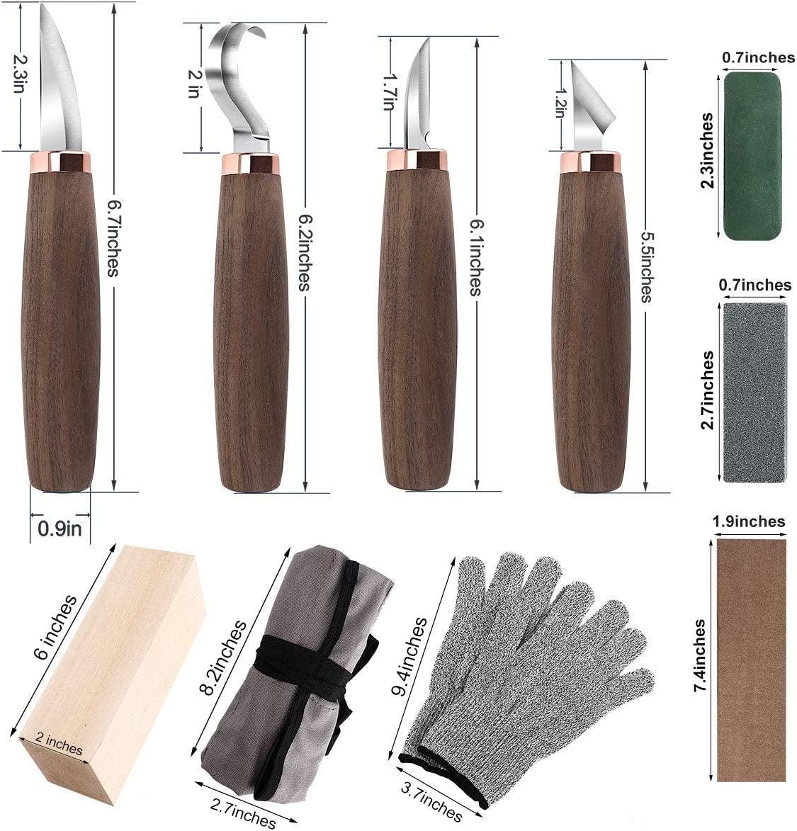 Wood Carving Tools Pack of 11 Wood Knife,Whittling Knife,Hook Knife,Polishing Compound,Sharpening Stone,Cut Resistant Gloves - WoodArtSupply