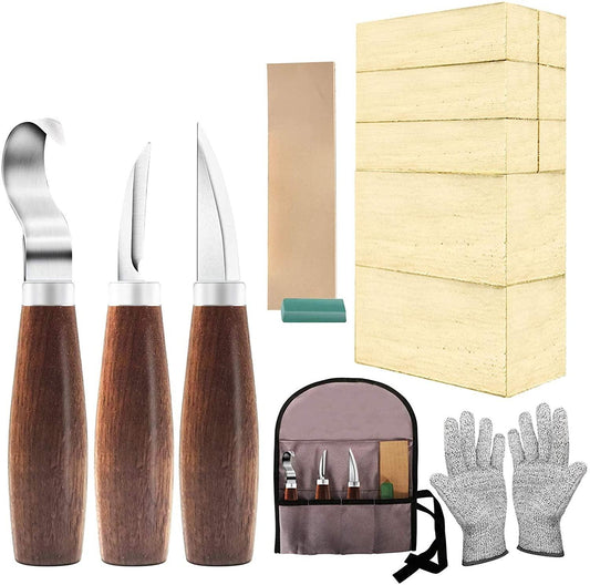 Wood Whittling Kit with Basswood Wood Blocks Carving Kit Set 3Pcs Wood Knife & 8Pcs Blocks & Gloves - WoodArtSupply