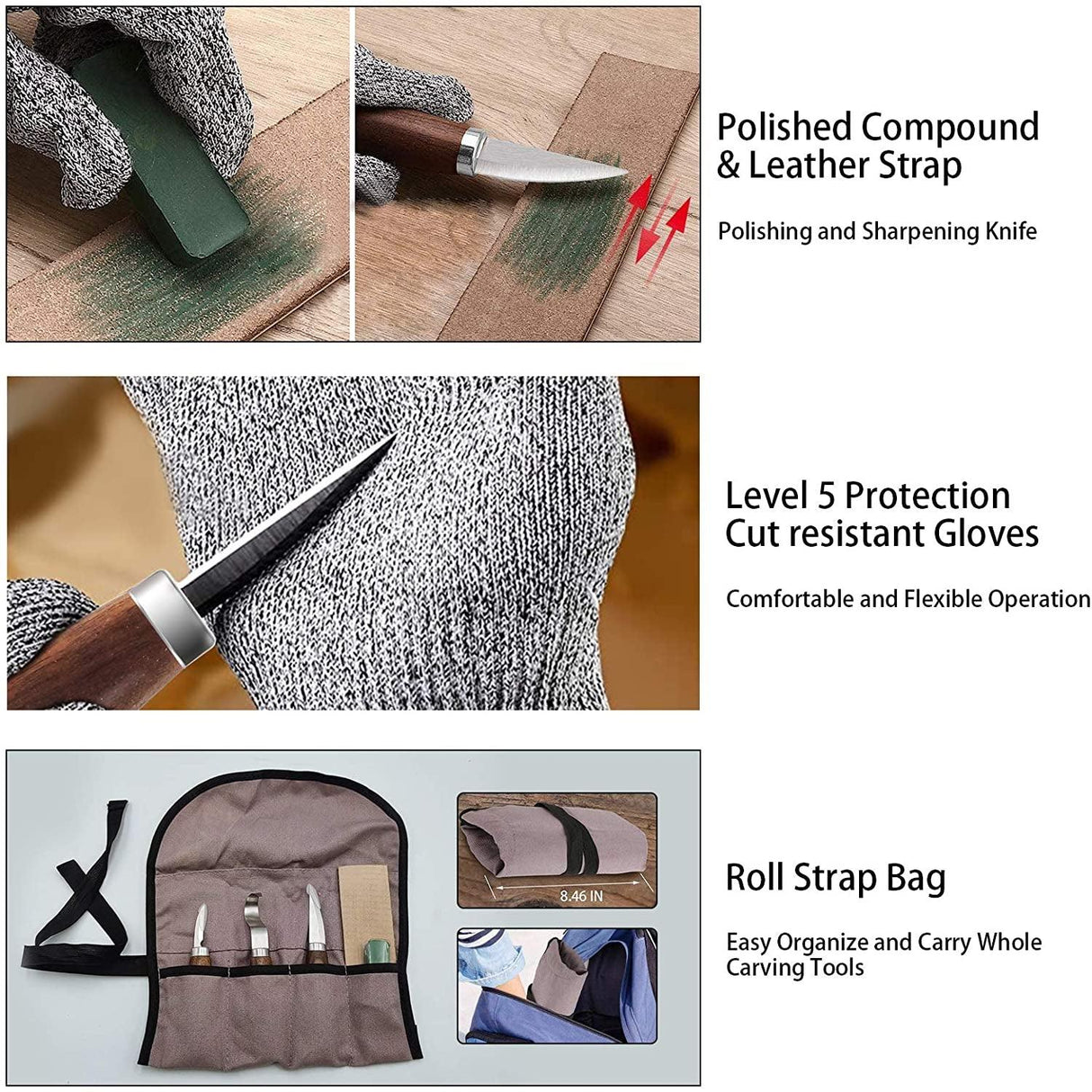 Wood Whittling Kit with Basswood Wood Blocks Carving Kit Set 3Pcs Wood Knife & 8Pcs Blocks & Gloves WoodArtSupply