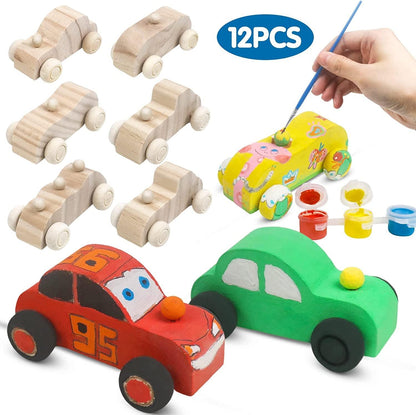 Wooden Cars Unfinished Wood Crafts DIY Craft Wood Kit for Student Family Activities Arts and Crafts Kit for Kids (12 PCS) - WoodArtSupply