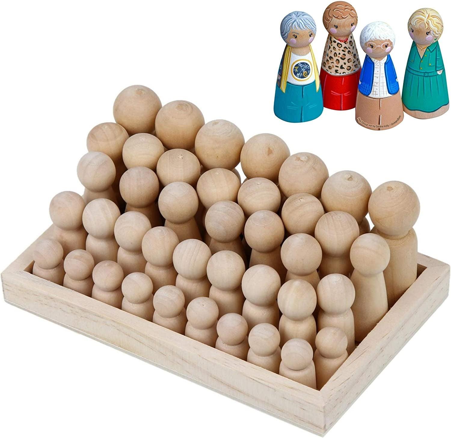 Wooden Peg Dolls Unfinished People – Pack of 40 with Storage Case in Assorted Sizes Natural Wood Shapes Figures WoodArtSupply