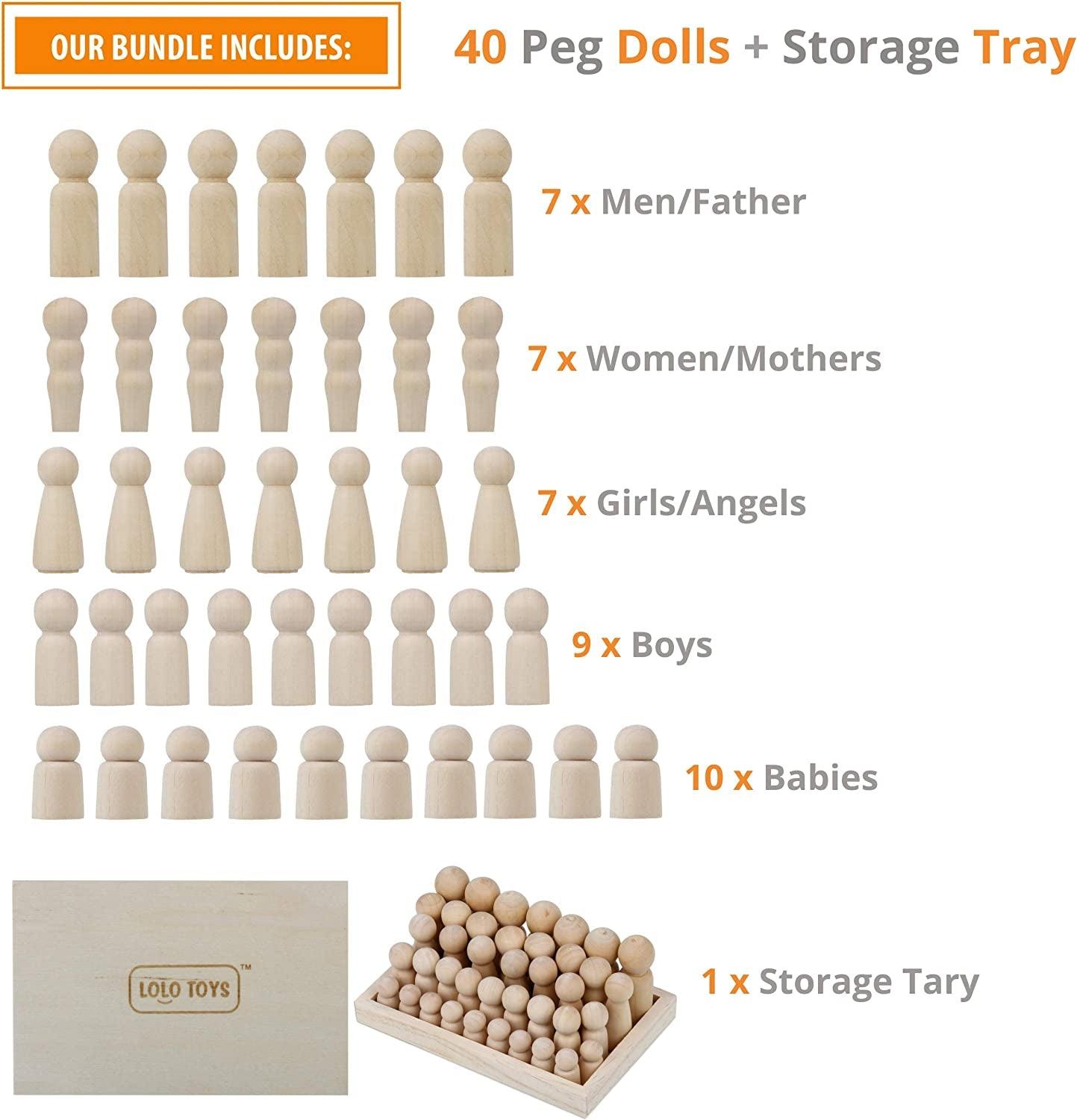 Wooden Peg Dolls Unfinished People – Pack of 40 with Storage Case in Assorted Sizes Natural Wood Shapes Figures WoodArtSupply