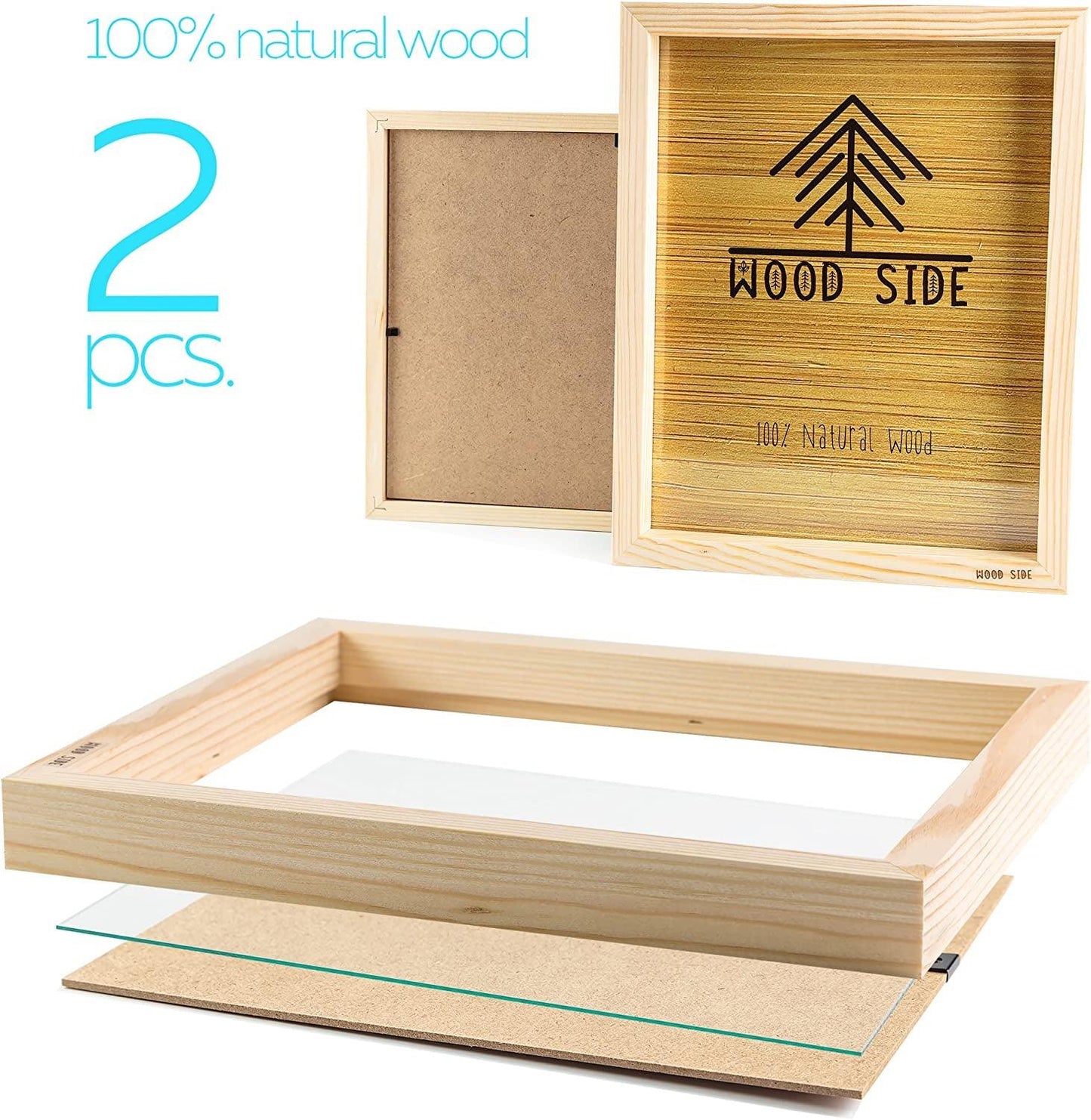 Wooden Picture Frames 8X10" Real Glass Set of 2 100% Eco Unfinished Wood Thick Borders Natural - WoodArtSupply