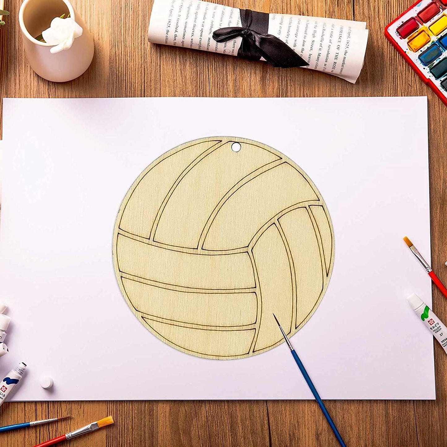 Wooden Volleyball Cutouts Crafts Volleyball Shaped Wood Hanging Sign Ornaments Gift Tags with Twines - WoodArtSupply