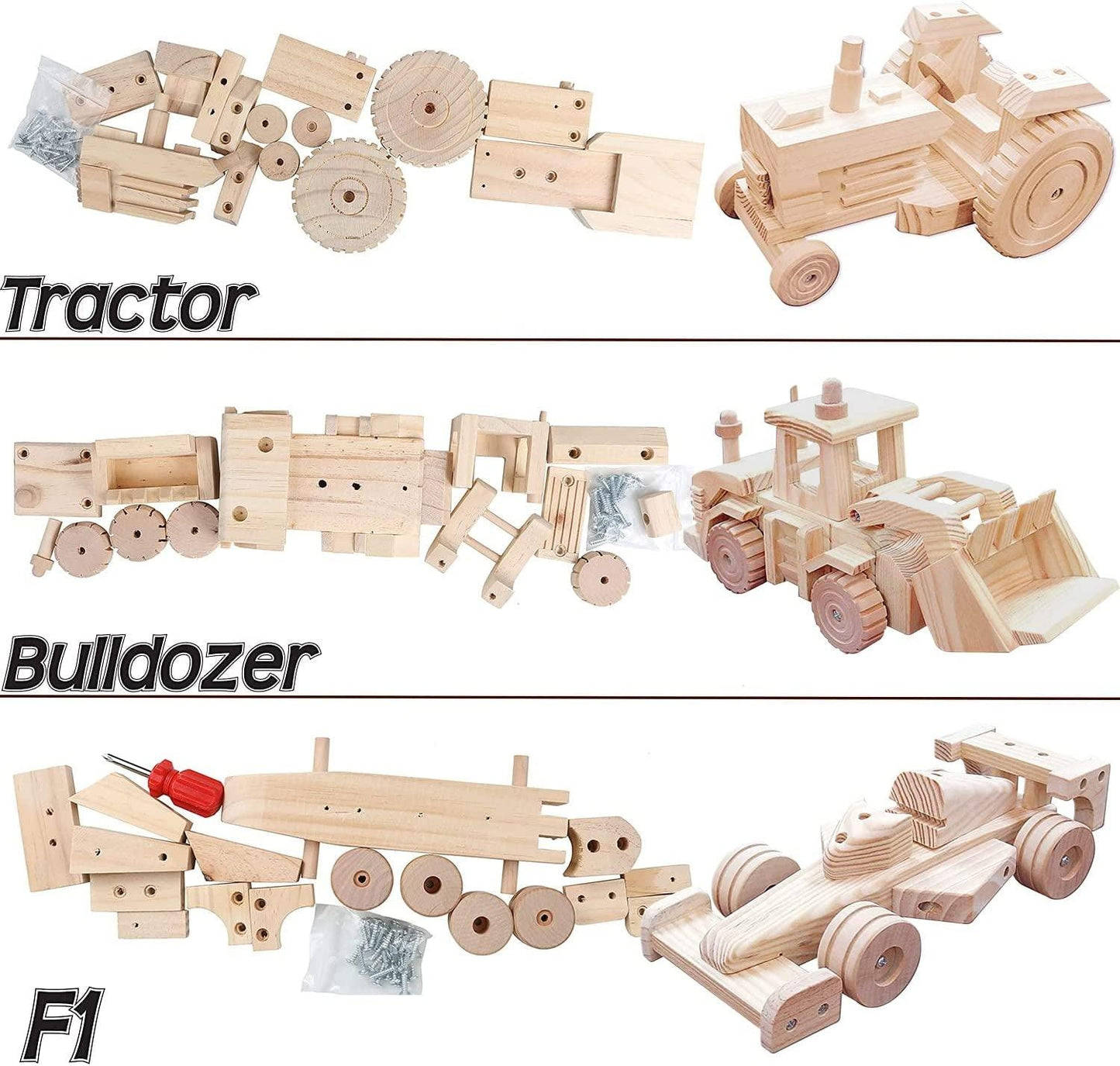 Woodworking Building Kit 3 Educational DIY Carpentry Construction Wood Kit Toy Tractor, Bulldozer and F1 - WoodArtSupply