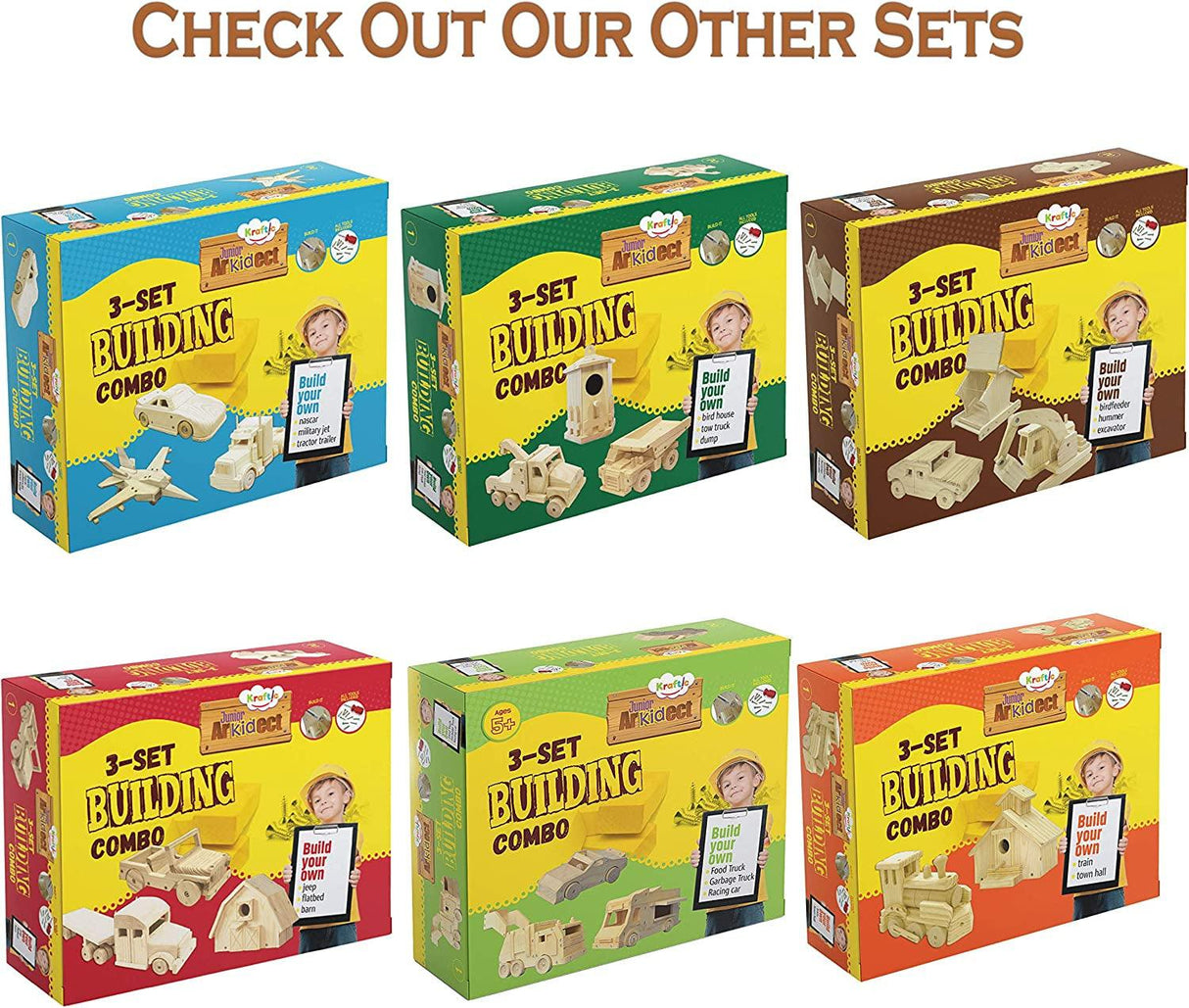 Woodworking Building Kit 3 Educational DIY Carpentry Construction Wood Kit Toy Tractor, Bulldozer and F1 WoodArtSupply