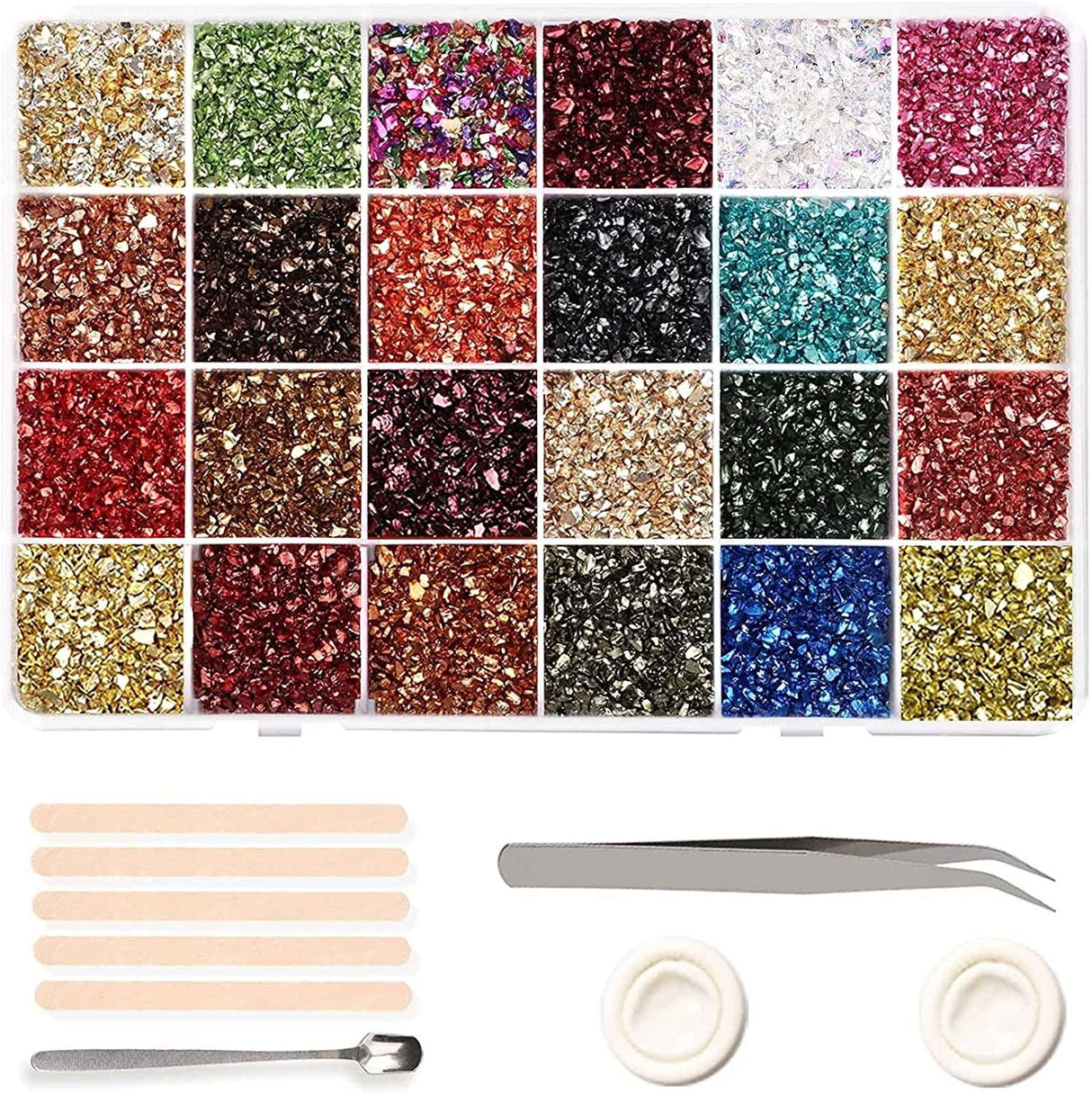 Crushed Glass Glitter, 24 Colors Irregular Crystal Chips Chunky Flakes Sequins Crushed Glass for Resin Geode Art Nail Arts Craft DIY Vase Filler WoodArtSupply
