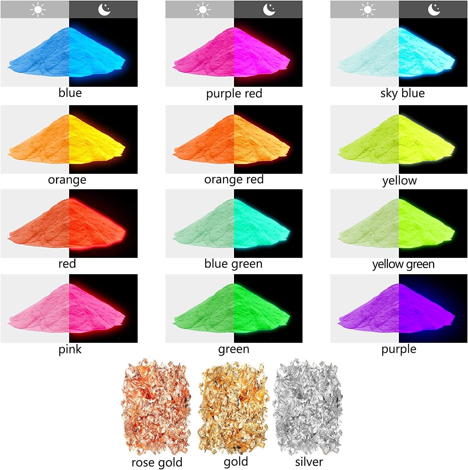 Glow in the Dark Pigment Mica Powder - 12 Colors Luminous Powder 20G/0.7Oz and 3 Colors Gold Foil Flakes 2G, Epoxy Resin Color Dyes for Resin Art, WoodArtSupply