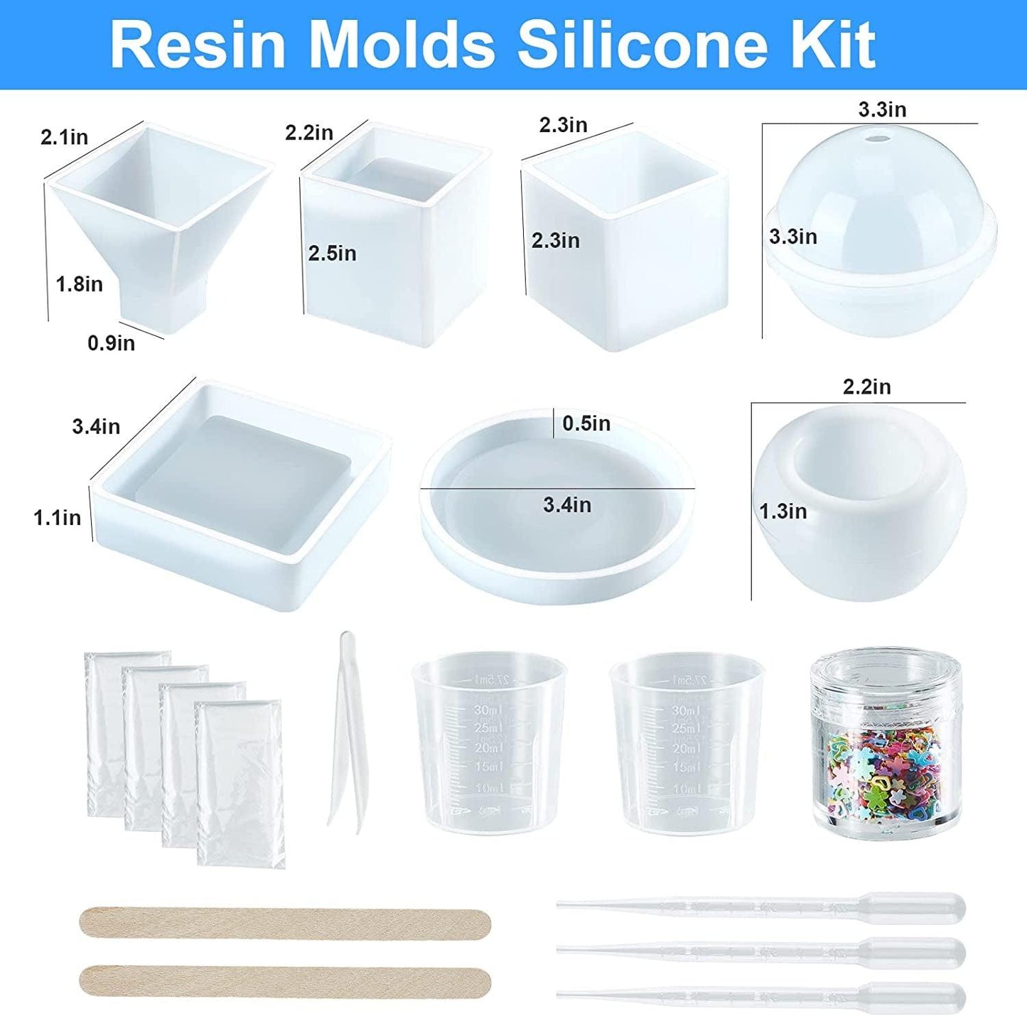 Resin Molds Silicone Kit 20Pcs,Epoxy Resin Molds Including Sphere,Cube,Pyramid,Square,Round, Used for Create Art,Diy,Ash Trays,Coasters,Candles.Bonus Decorative Sequins and the Complete Set Tools - WoodArtSupply