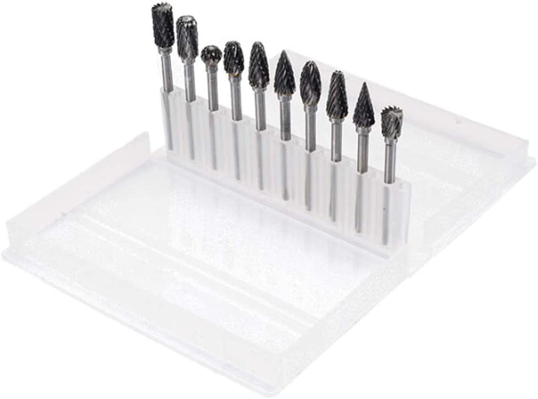 Double Cut Carbide Rotary Burr Set - 10 Pcs 1/8" Shank, 1/4" Head Length Tungsten Steel for Woodworking,Drilling, Metal Carving, Engraving, Polishing