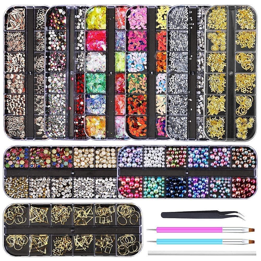 9 Boxes Nail Rhinestones,Nail Gems Nail Diamonds,Nail Art Studs Nail Crystals Nail Sequins for Nails Kit with 1 Tweezers and 3 Pen for Nail Art WoodArtSupply