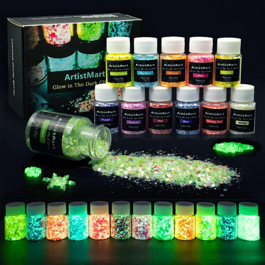 Glow in the Dark Glitter, 12 Colors Chunky Glitter for Tumblers, High Luminous Holographic Glitter for Resin Crafts Epoxy Slime, Cosmetic Grade Nail Glitter Set for Face Body Skin - WoodArtSupply