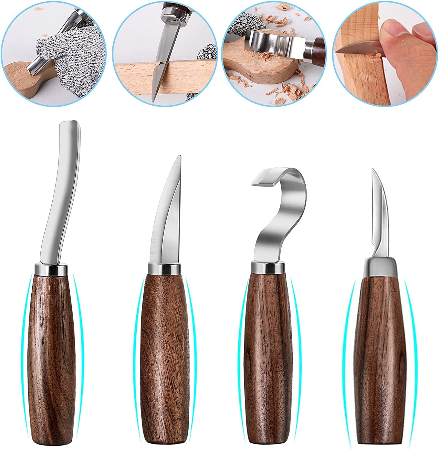 Wood Carving Tools Set,Detail and Hook Carving Knife Kit for Beginners,Trimming Knife for Spoon Bowl Cup Woodwork,Round Handle Design and 6Pcs SK2 Carbon Steel Wood Carving Knives（10Pcs）