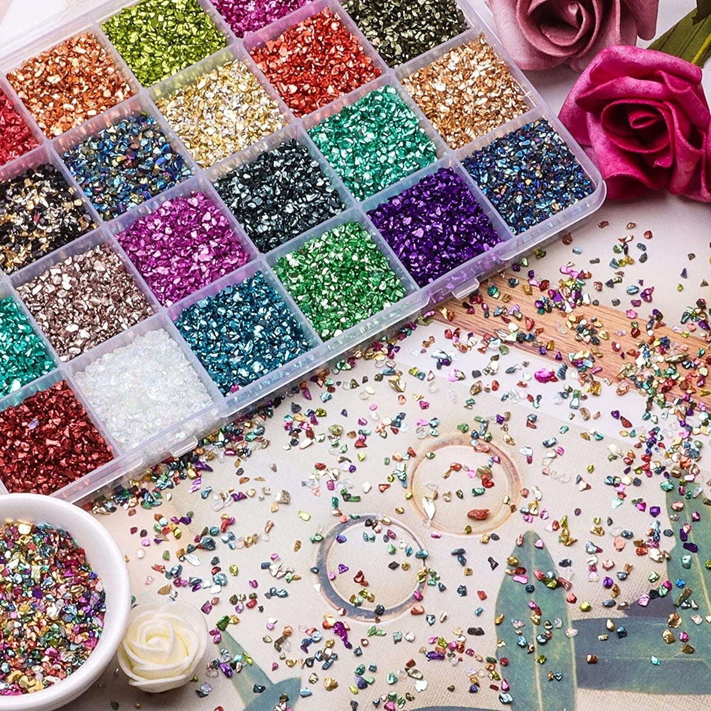 Crushed Glass Chips Kit, 24 Colors Irregular Metallic Chip Broken Glass Sprinkles Chunky Glitter for Nail Art,Painting,Diy Resin Mold,Phone Case Making,Jewelry Making and Decoration - WoodArtSupply