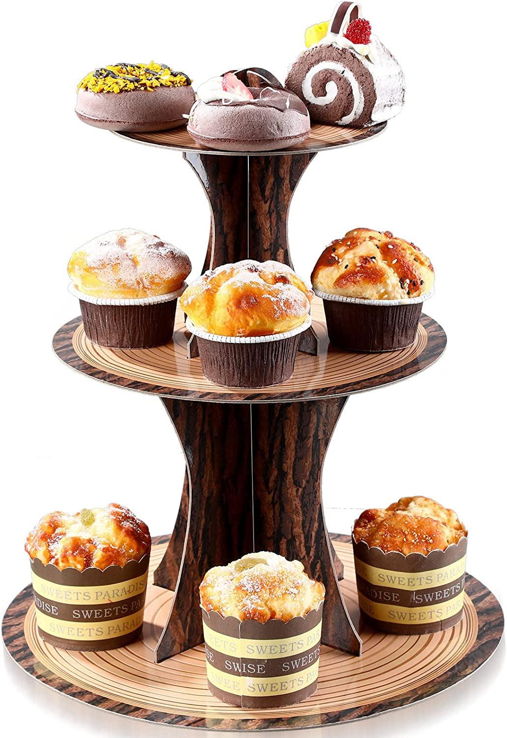 Wood Birthday Party Supplies, 3 Tier Cardboard Wooden Cupcake Stand Tower WoodArtSupply