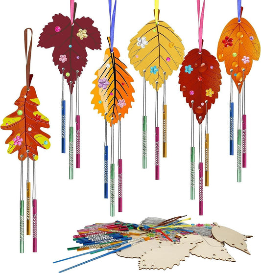 12 Pack Wind Chime Kit for Kids,Fall Craft Leaves Make Your Own Leaf Wind Chime Decorative Wooden Hanging Ornaments for Boys Girls Thanksgiving Halloween Party Supplies - WoodArtSupply