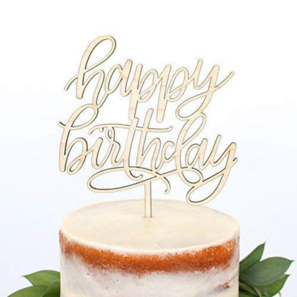 Happy Birthday Script Cake Topper in Maple Wood - WoodArtSupply