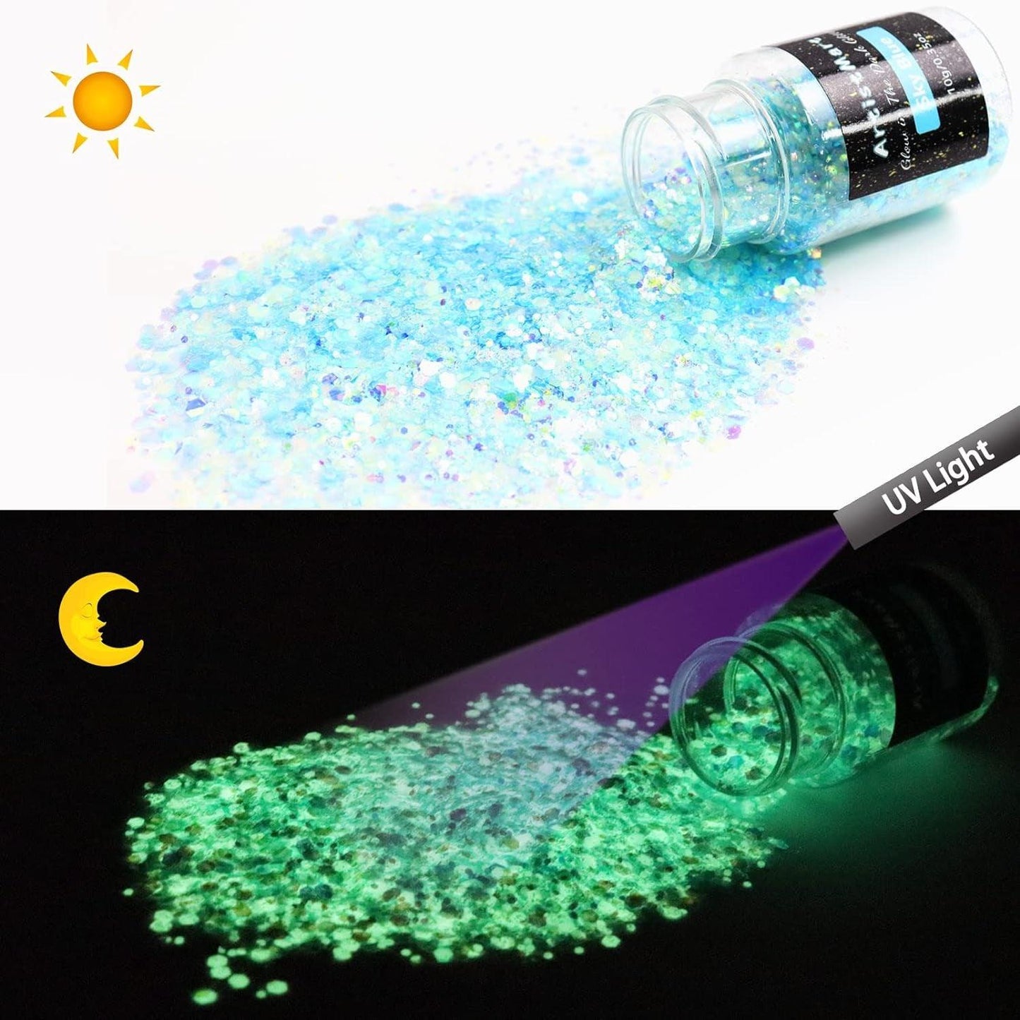 Glow in the Dark Glitter, 12 Colors Chunky Glitter for Tumblers, High Luminous Holographic Glitter for Resin Crafts Epoxy Slime, Cosmetic Grade Nail Glitter Set for Face Body Skin - WoodArtSupply