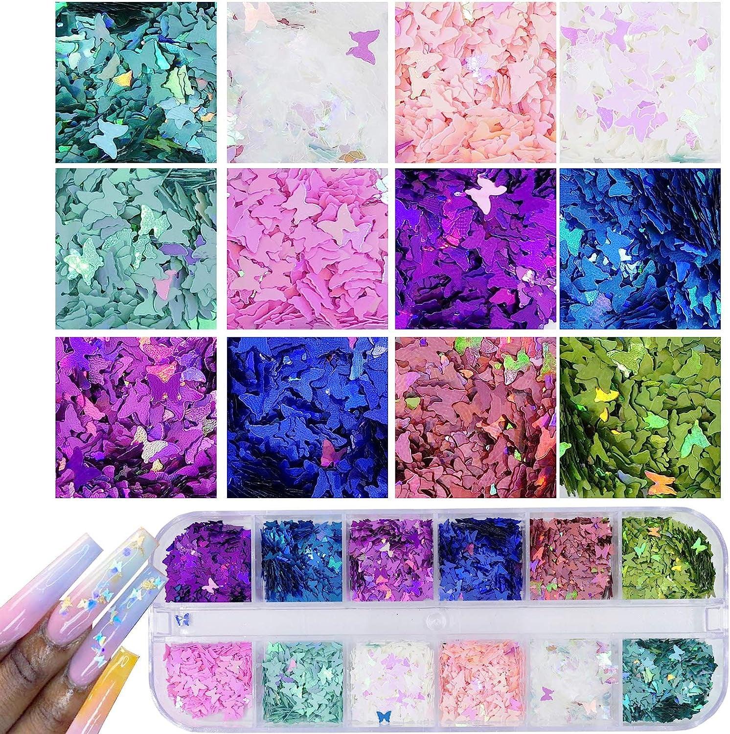4 Boxes Holographic Nail Sequins Shapes Mixed Iridescent Nail Glitter Flakes Butterfly Hearts Star DIY Design Manicure Decorations Sets for Nail WoodArtSupply