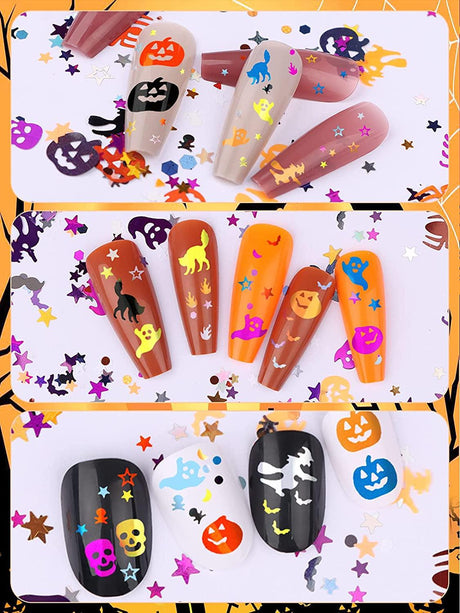 3 Boxes Halloween Nail Art Glitter Sequins, 3D Holographic Skull Spider Pumpkin Bat Ghost Witch Halloween Confetti Glitter for DIY Nail Art Halloween WoodArtSupply