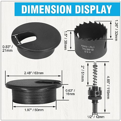 2" Black Desk Grommet with Bi-Metal Hole Saw, JTemgle Plastic Cable Hole Cover Computer Table Cord Wire Organizer Caps, Desktop Cord Management for JTemgle